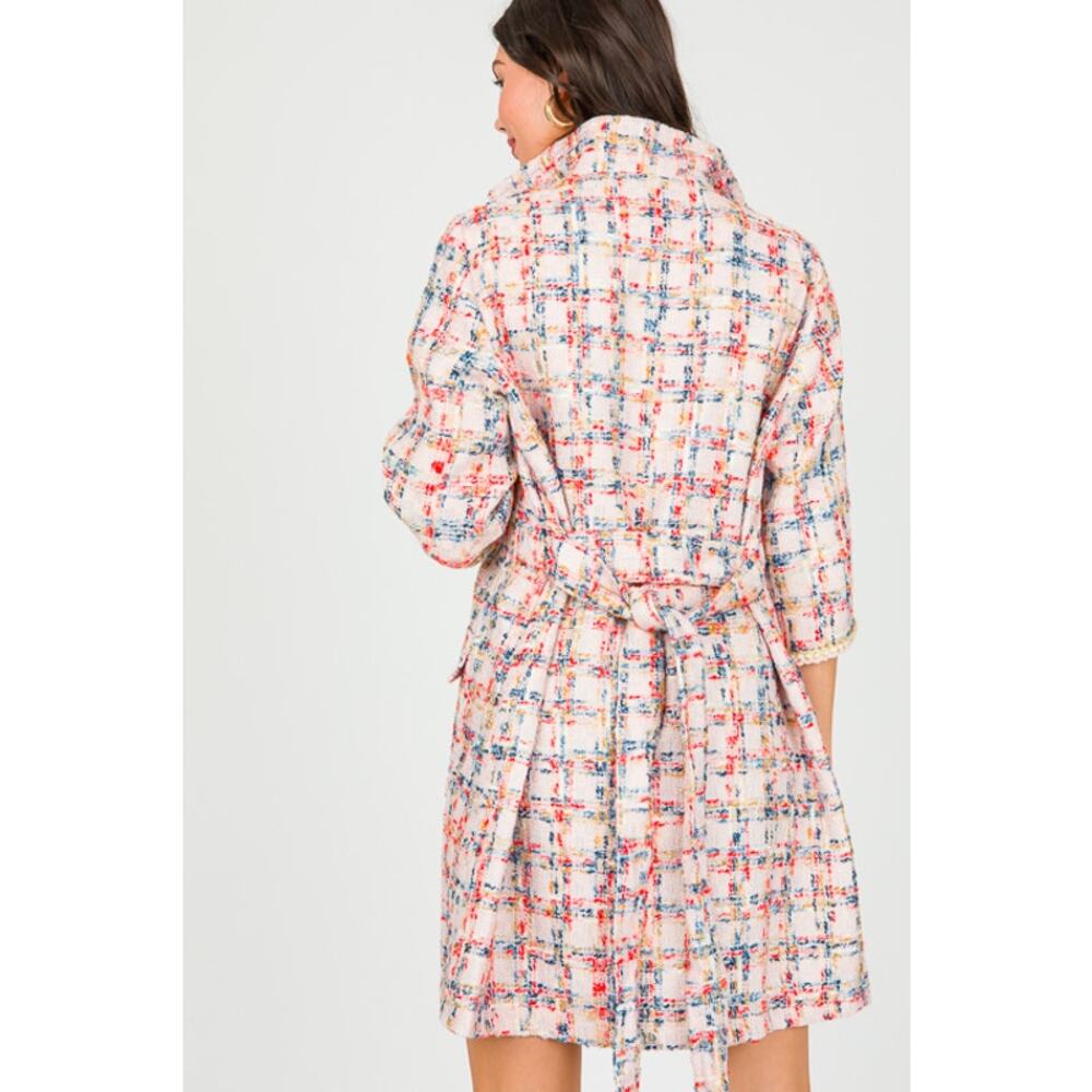 Easel Tweed Belted Shirt Dress/Coat, Teal Blush - Picture 7 of 11